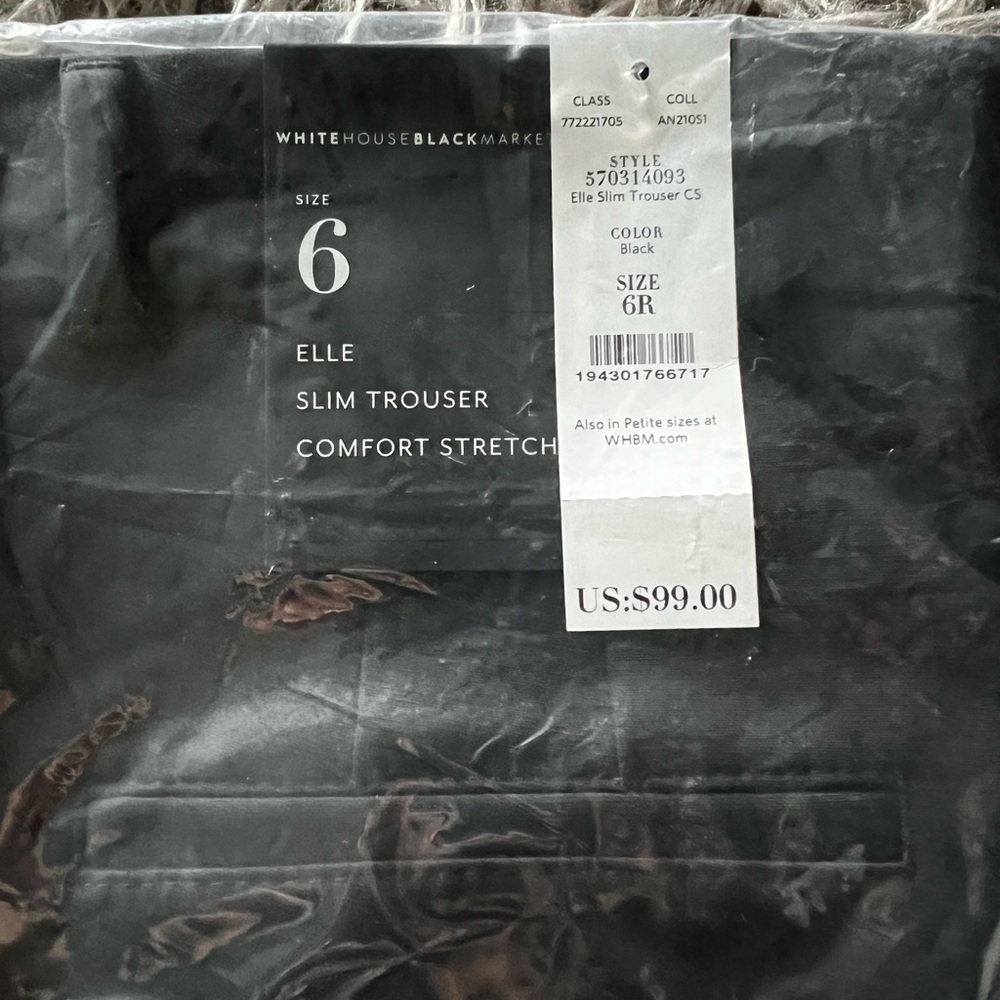 NWT WHBM Elle Slim Trouser Comfort Stretch Pant - Black Size 6R.